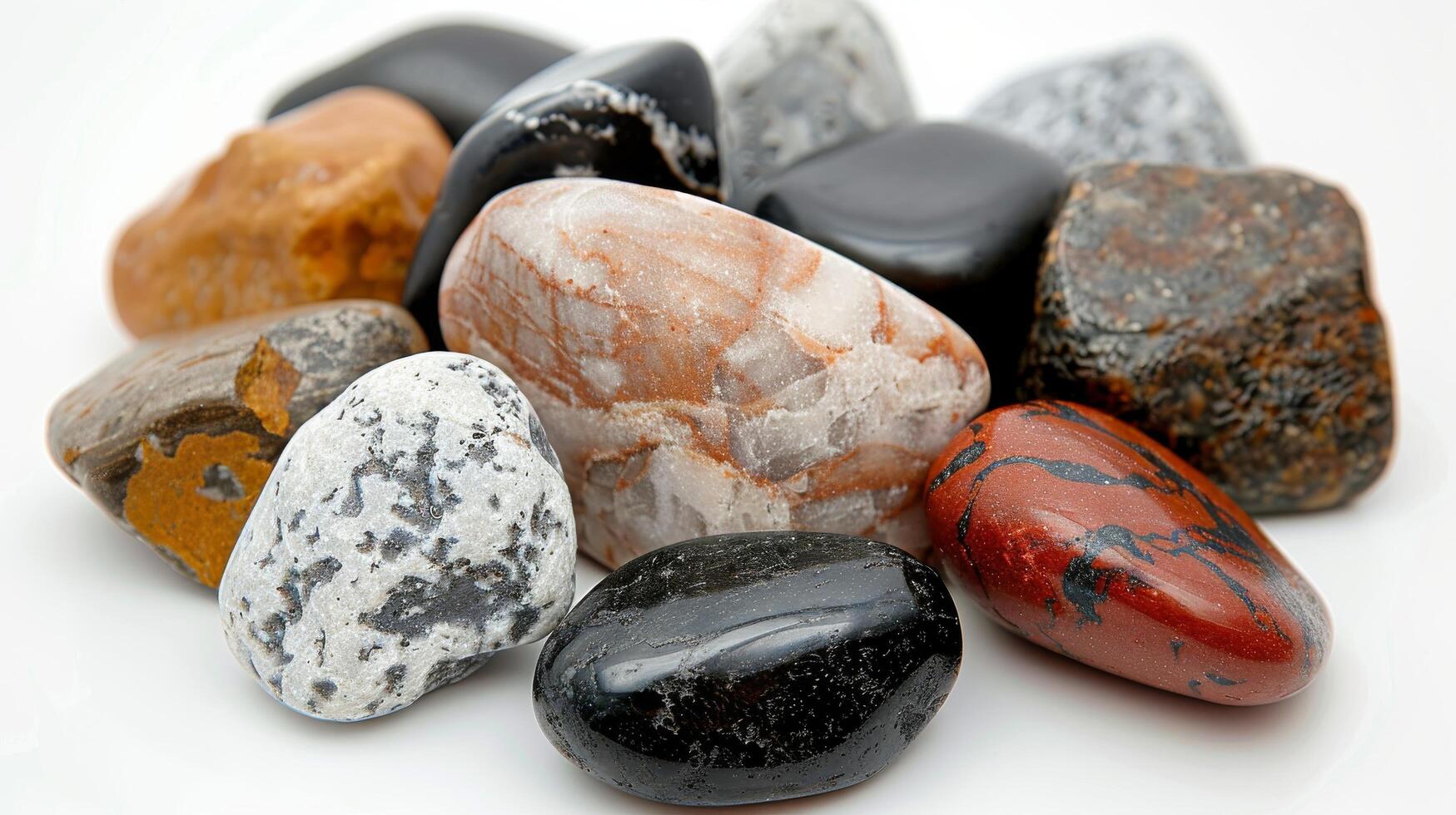 Colorful Variety of Polished Stones Displayed in a Row on a White Surface photo