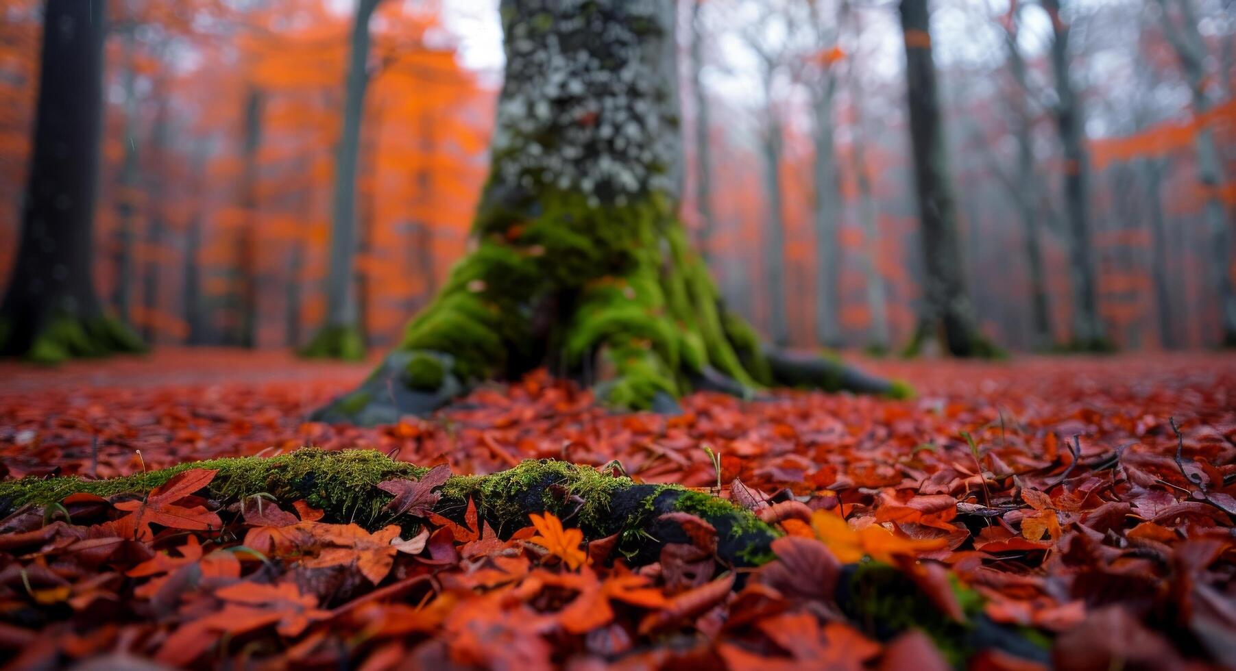 Autumn Leaves Covering Forest Floor With Mossy Tree Trunk in Misty Woodland photo
