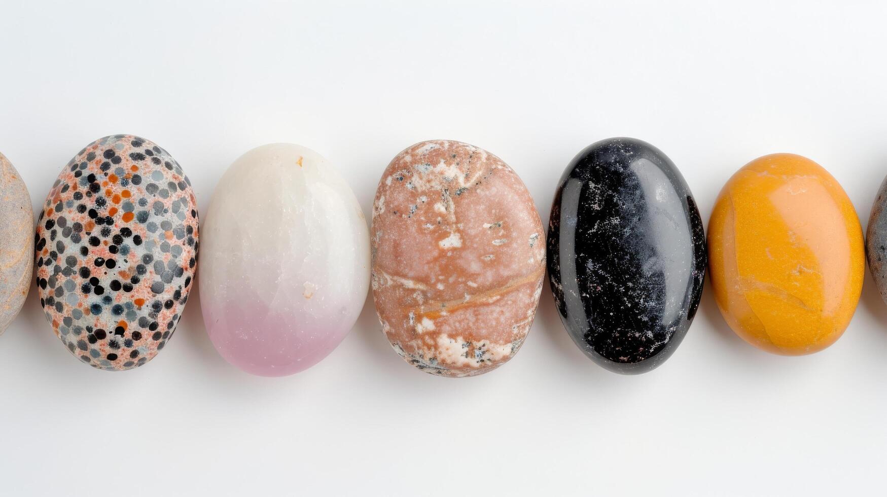 Colorful Variety of Polished Stones Displayed in a Row on a White Surface photo
