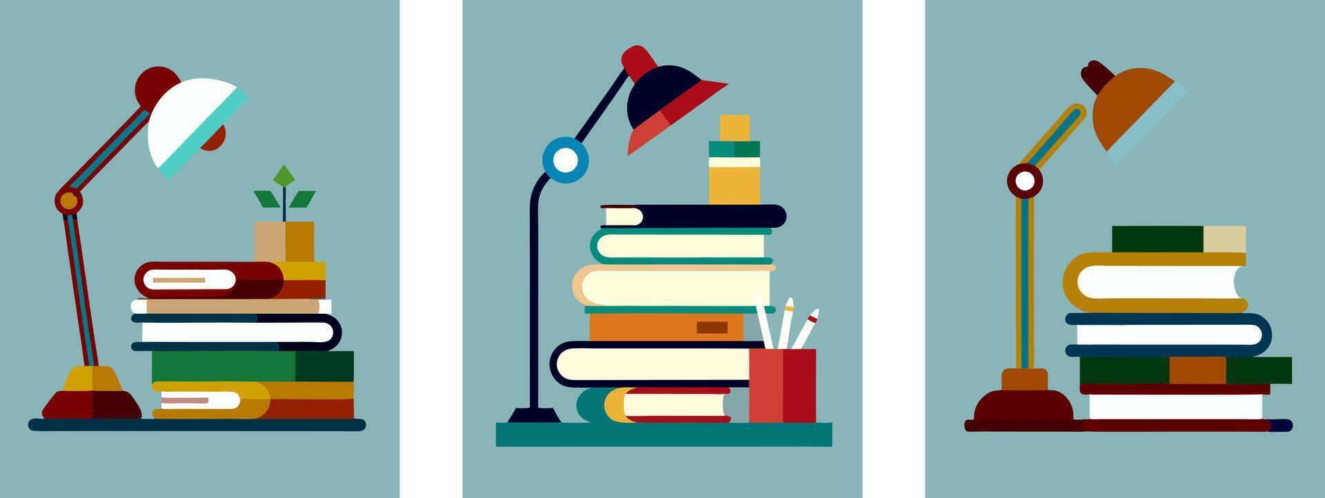 Set of illustrations, a stack of books with a desk lamp vector