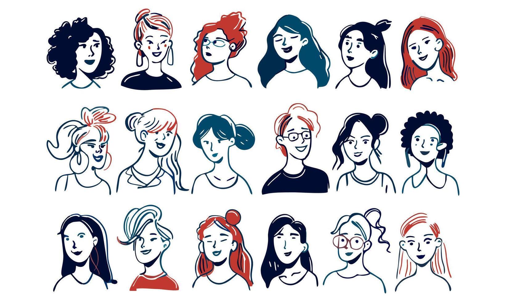 A set of fifteen female avatars drawn in a minimalist, line-art style with blue and red accents vector