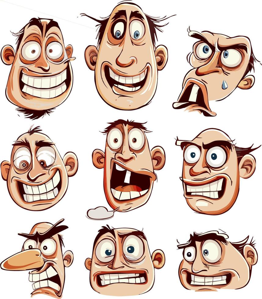 Quirky cartoon-style male faces with exaggerated expressions. the face depicts various emotions or reactions, from happiness and surprise to confusion and suspicion. for use in comic books, animation vector