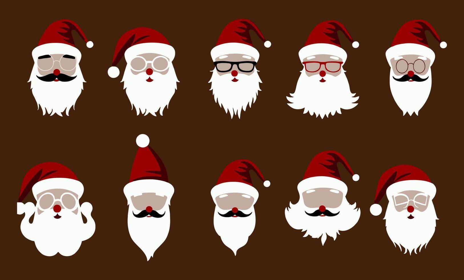 A set of Santa Claus faces, different expressions, mustache and beard. The faces are varied and depict Santa Claus with different skin tones vector