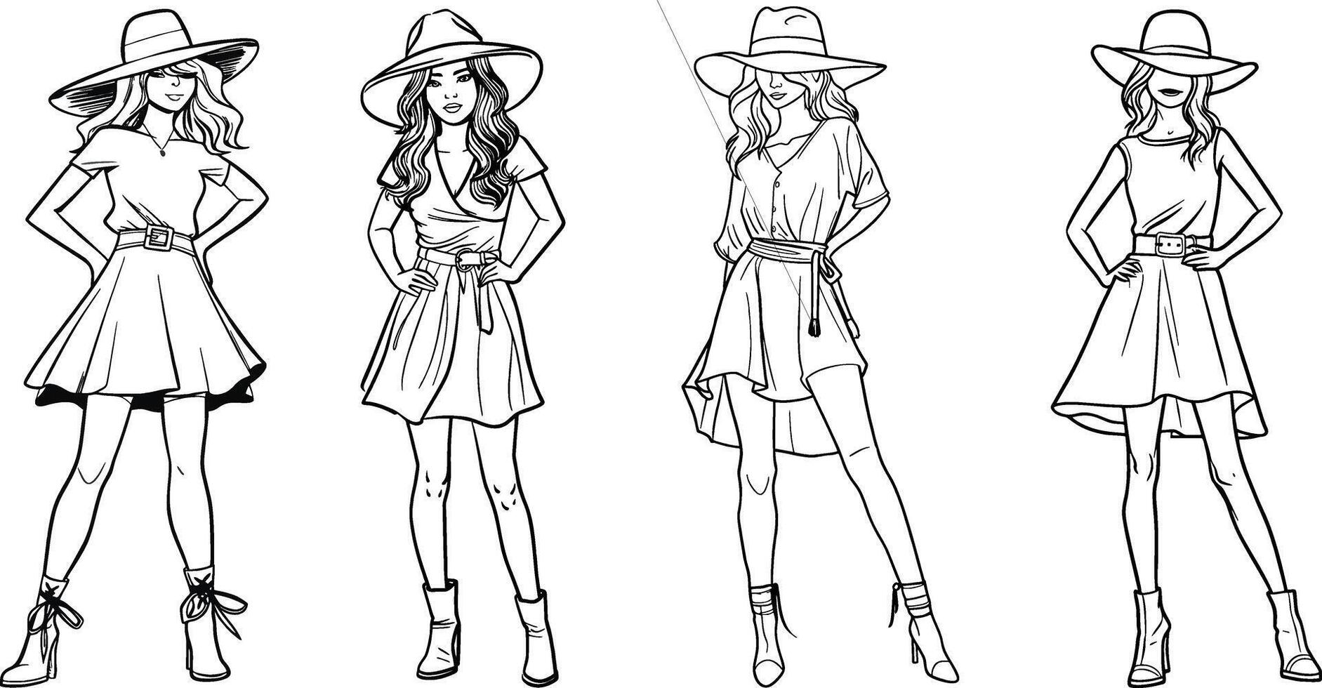 A set of fashion illustrations of women in stylish dresses and wide-brimmed hats. in clean black and white line art style and showing various poses and outfits vector