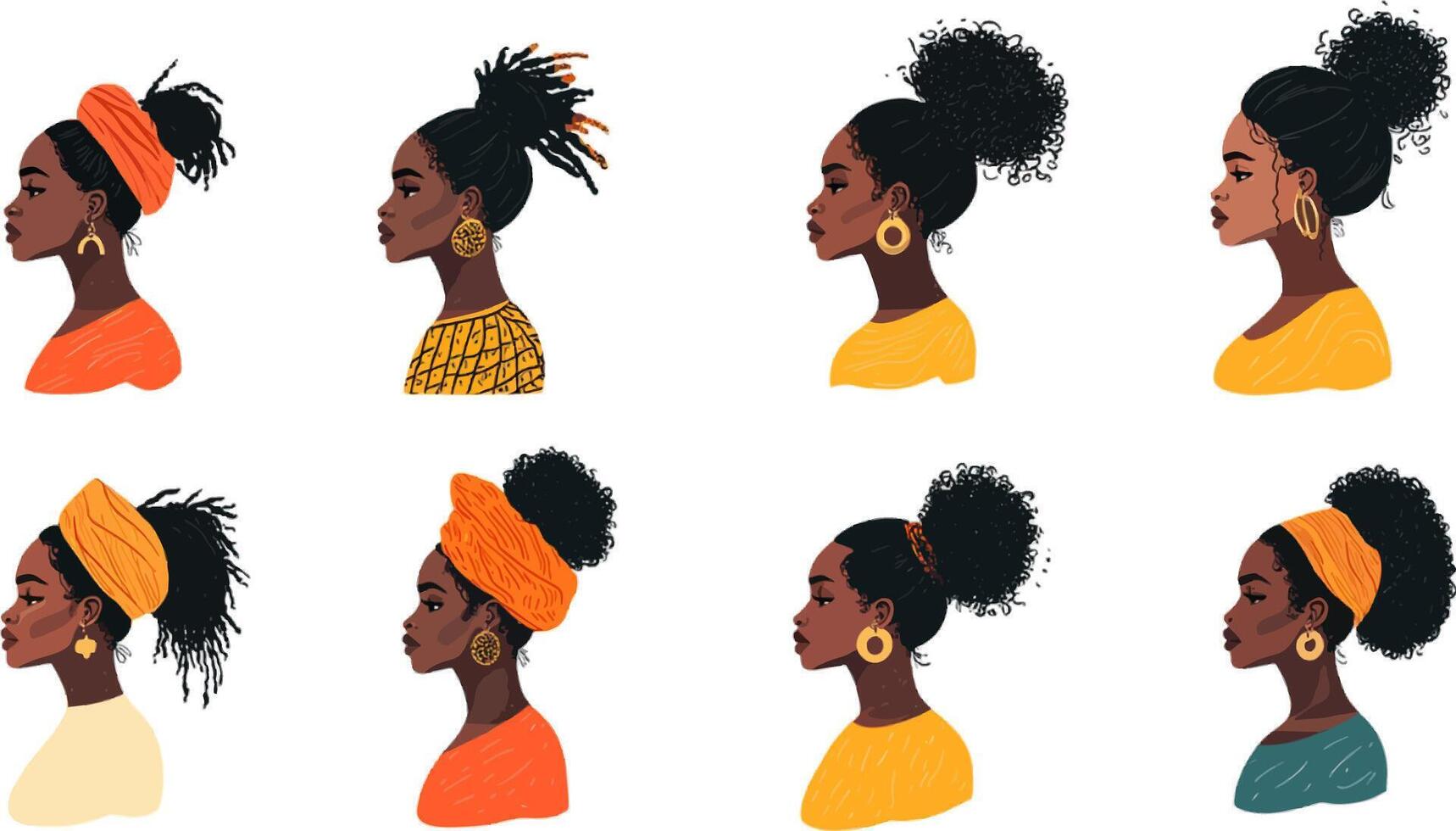 Set of portraits of African American women with different hairstyles in side profile.Various hair textures and accessories including earrings and headbands.For use in diversity-themed projects vector
