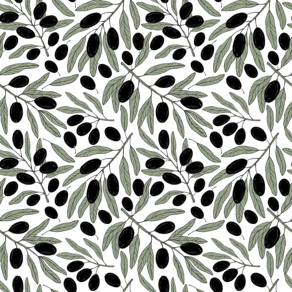 Seamless pattern with botanical olive branch with olives and leaves on a white background. Black line illustration for decoration and design fabrics, textiles, souvenirs vector