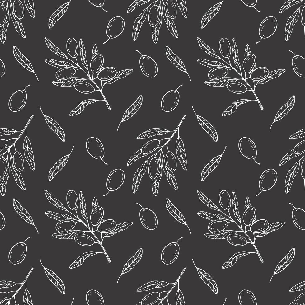 Seamless pattern with botanical olive branch with olives and leaves on a grey background. White line illustration for decoration and design fabrics, textiles, souvenirs vector