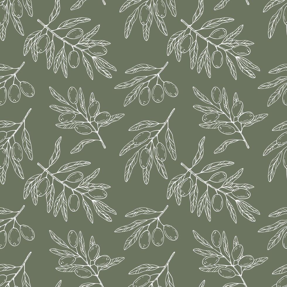Seamless pattern with botanical olive branch with olives and leaves on a green background. White line illustration for decoration and design fabrics, textiles, souvenirs vector