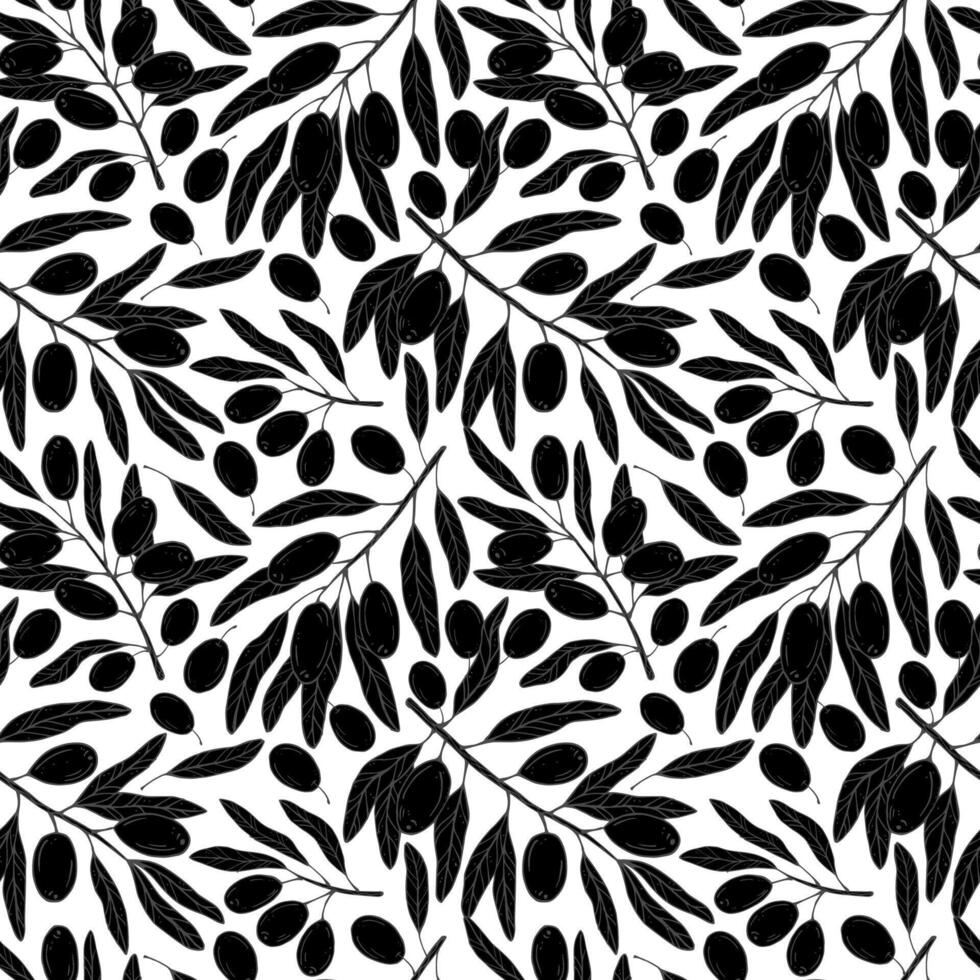 Seamless pattern with botanical olive branch with olives and leaves on a white background. Black line illustration for decoration and design fabrics, textiles, souvenirs vector