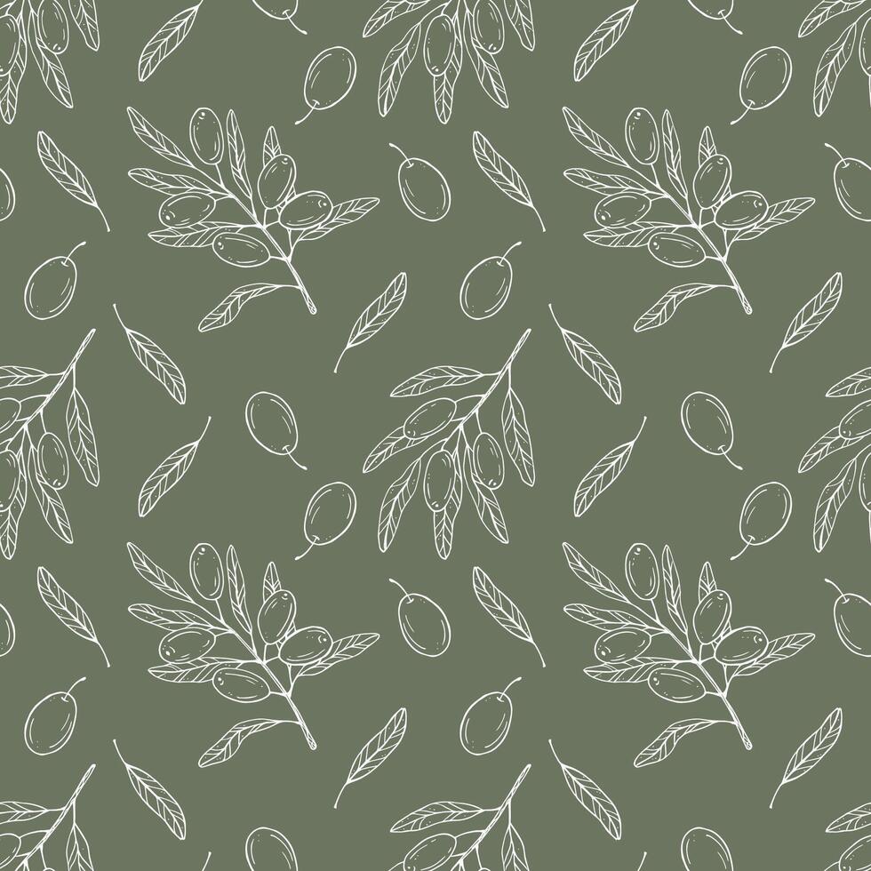 Seamless pattern with botanical olive branch with olives and leaves on a green background. White line illustration for decoration and design fabrics, textiles, souvenirs vector