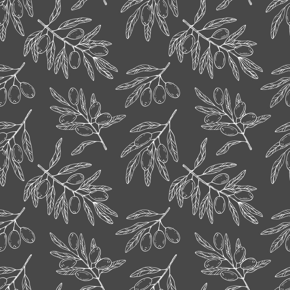 Seamless pattern with botanical olive branch with olives and leaves on a grey background. White line illustration for decoration and design fabrics, textiles, souvenirs vector