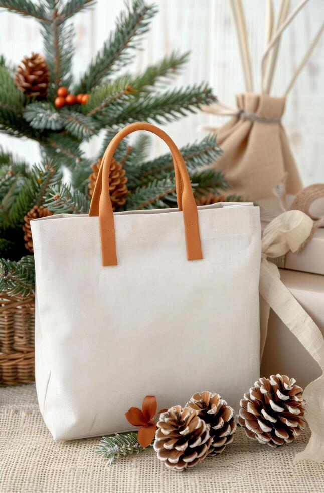 Stylish Rustic Bag With Pine and Dried Flowers on Cozy Fabric Background photo