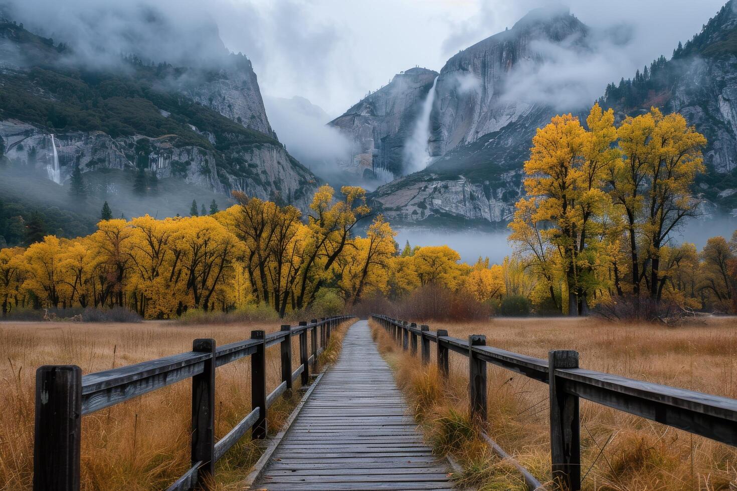 Scenic Boardwalk Through Autumn Foliage in Yosemite National Park Under Cloudy Sky photo
