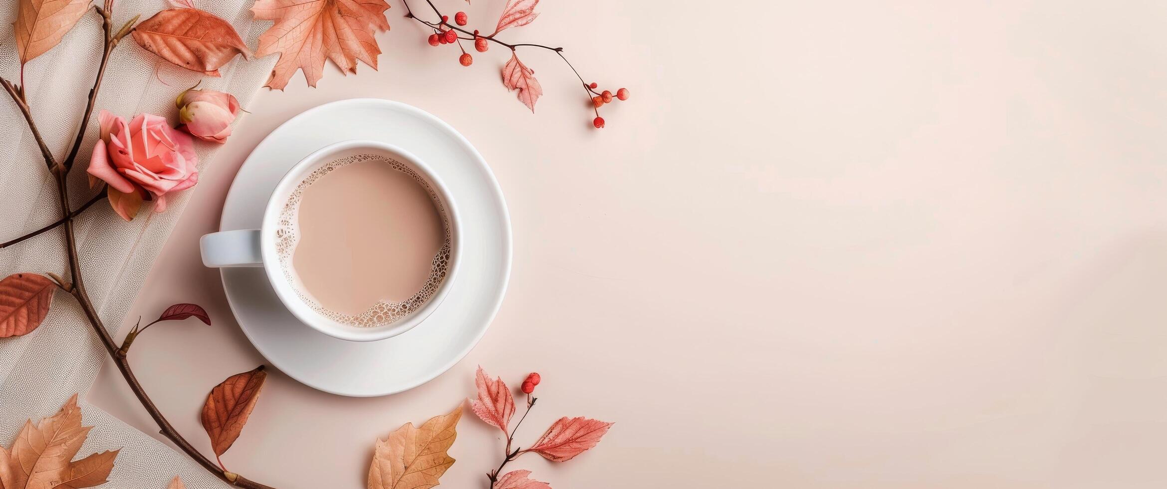 Warm Cup of Tea Surrounded by Autumn Leaves and Berries on a Soft Background photo