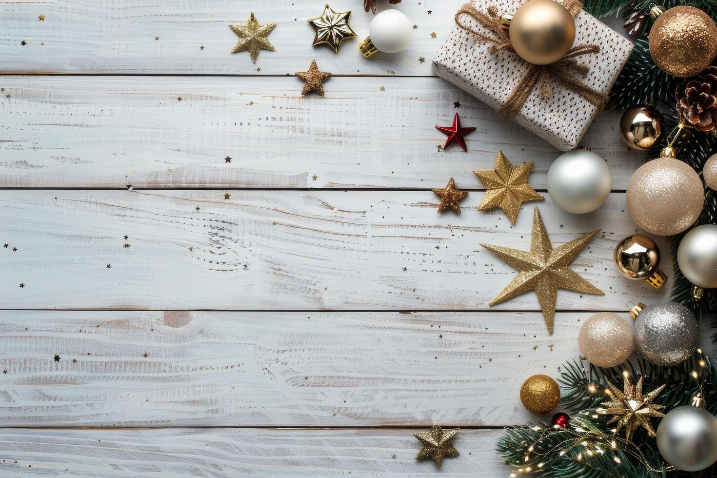 Golden And Silver Christmas Ornaments Arranged On A Rustic Wood Background photo