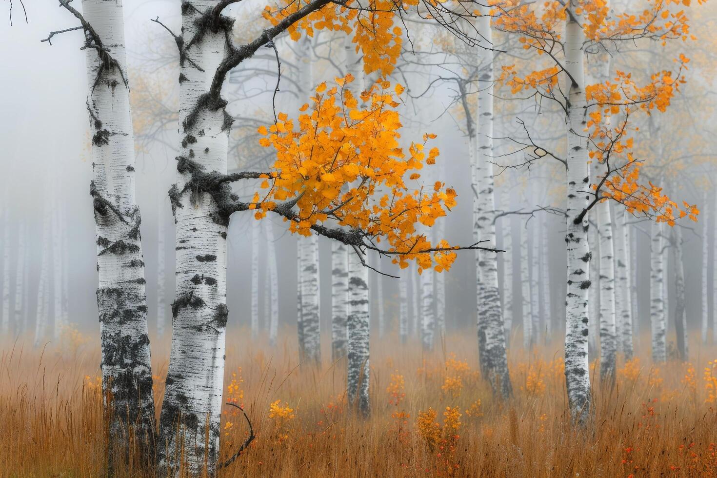 Autumn Misty Landscape With Birch Trees and Orange Leaves in Soft Light photo