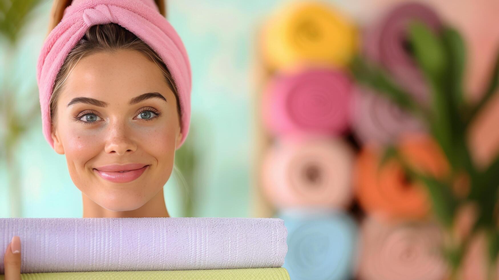 Young Woman Holding Yoga Mat in Fitness Studio During Morning Class photo