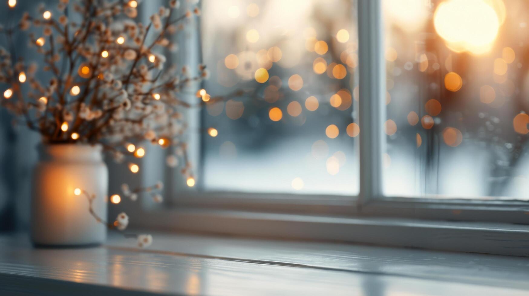 Warm Candles on a Windowsill During a Cozy Sunset With String Lights photo