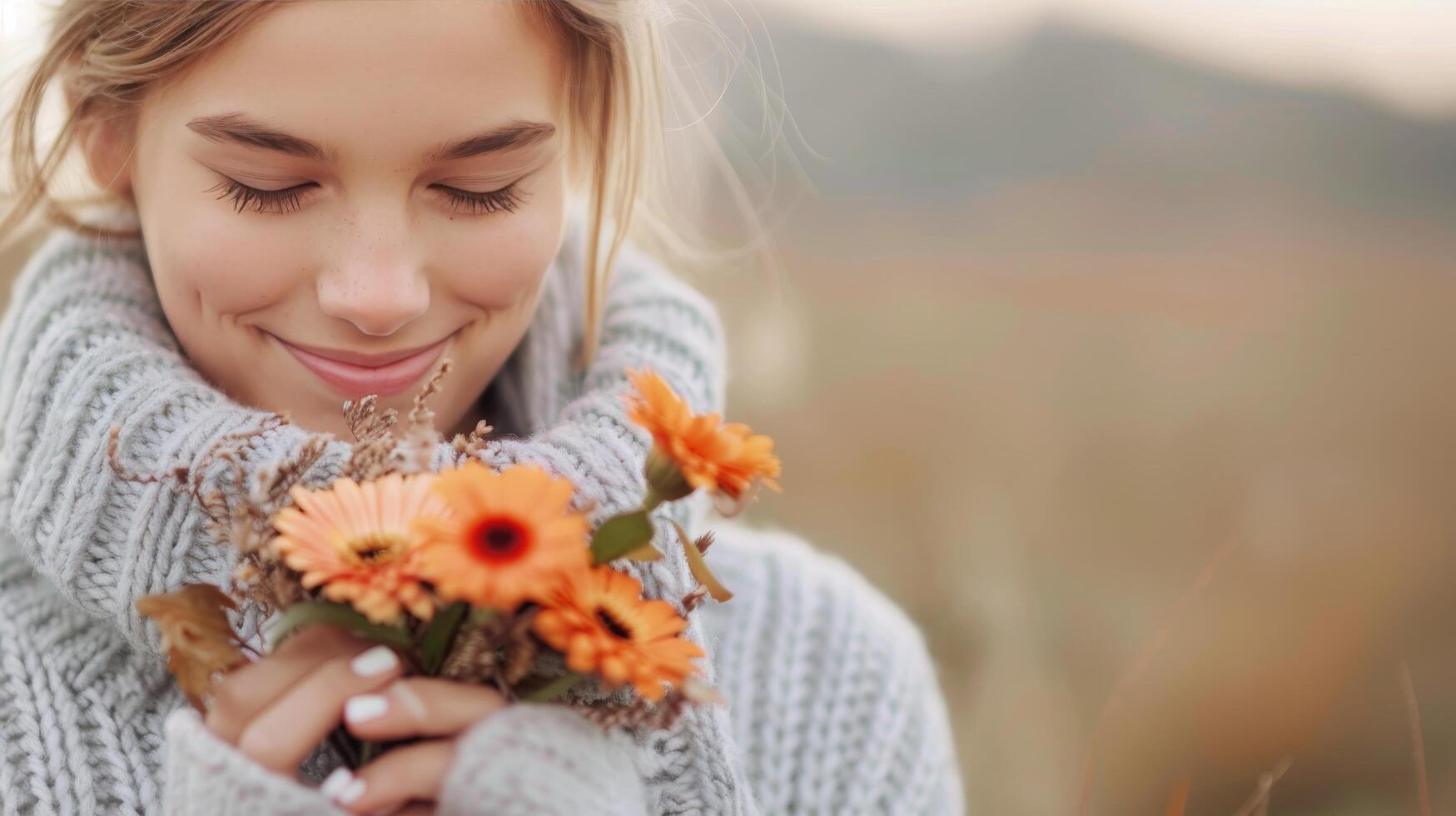 Young Woman Smiling While Holding Orange Flowers in a Nature Setting During Autumn photo