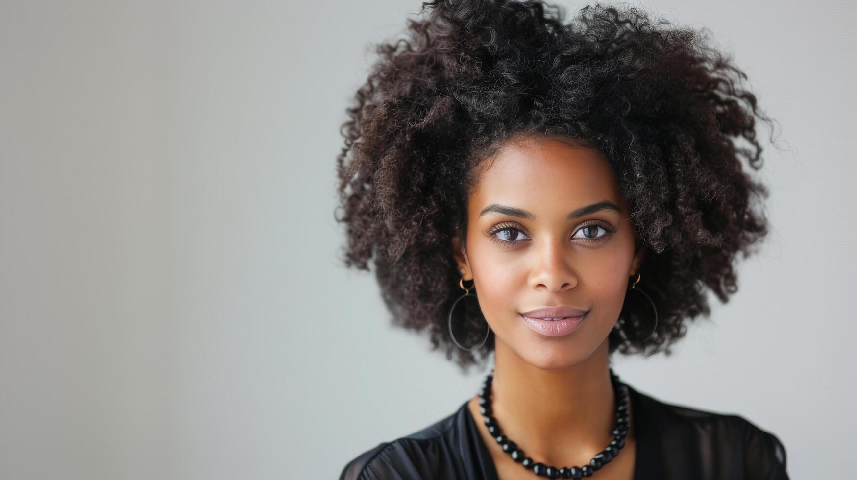 Portrait of Smiling Woman With Curly Hair Outdoors in Natural Light photo