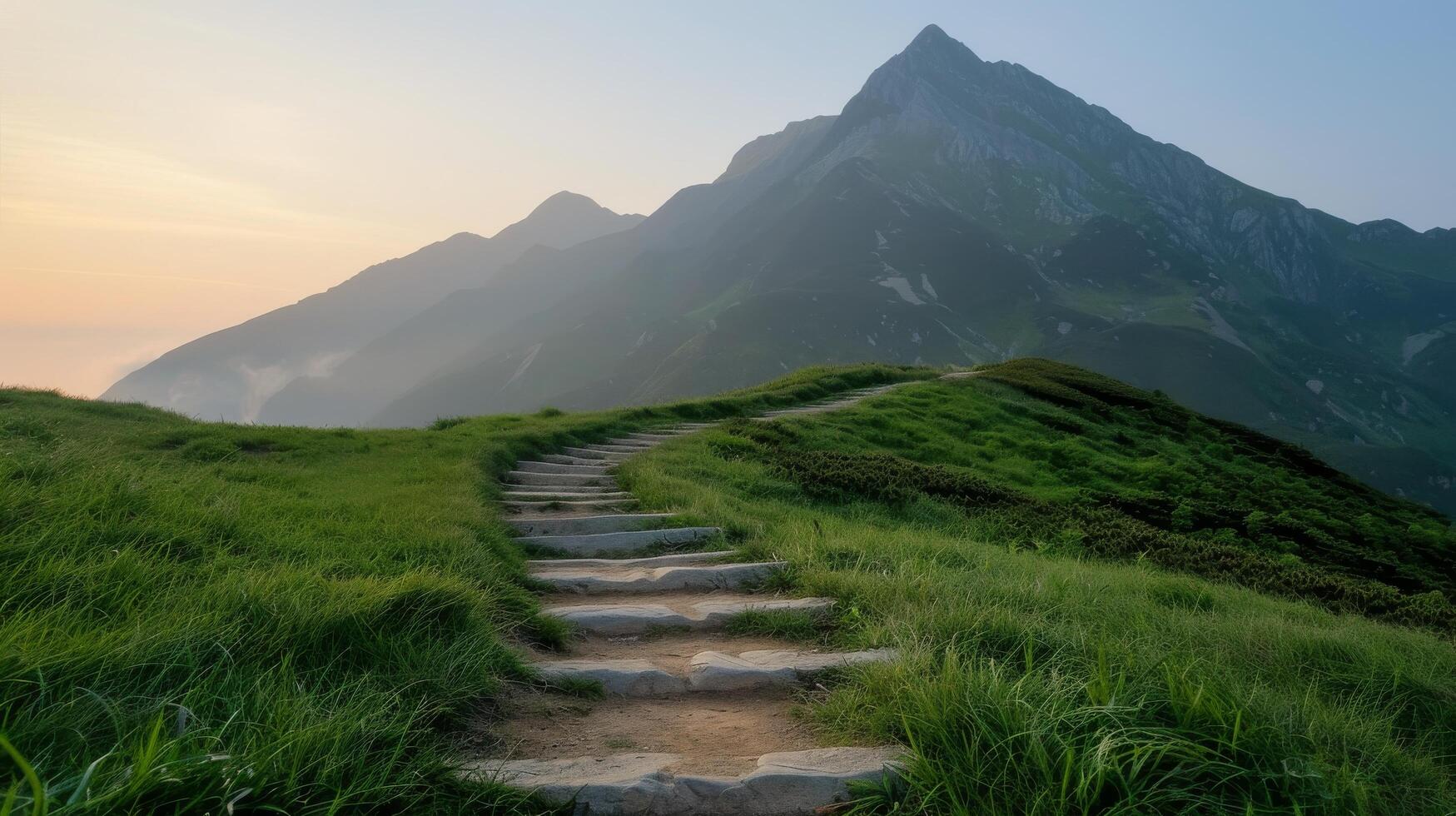 Sunrise Over Mountain Trail With Wooden Pathway in Autumn photo