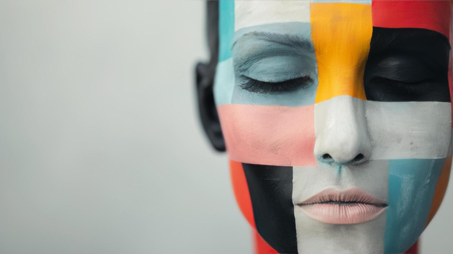 Colorful Abstract Face Art Displayed on a Mannequin in a Modern Studio photo