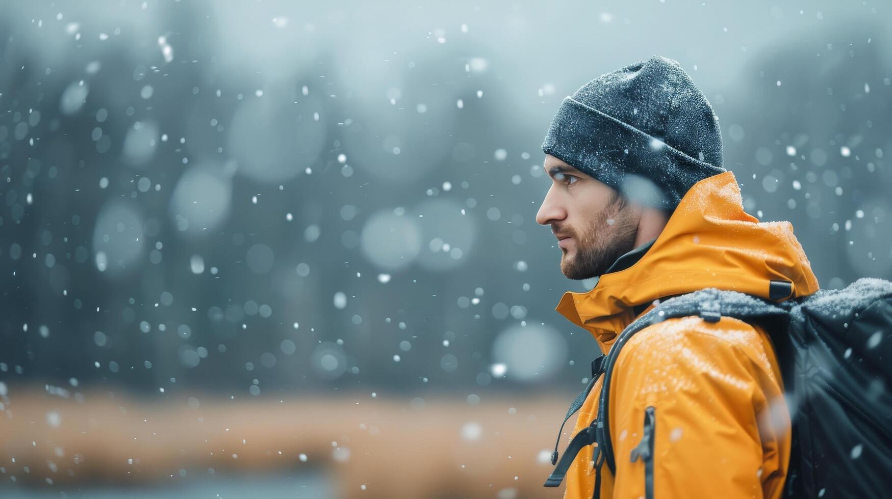 Man Wearing Yellow Jacket and Beanie in Snowy Forest During Winter photo