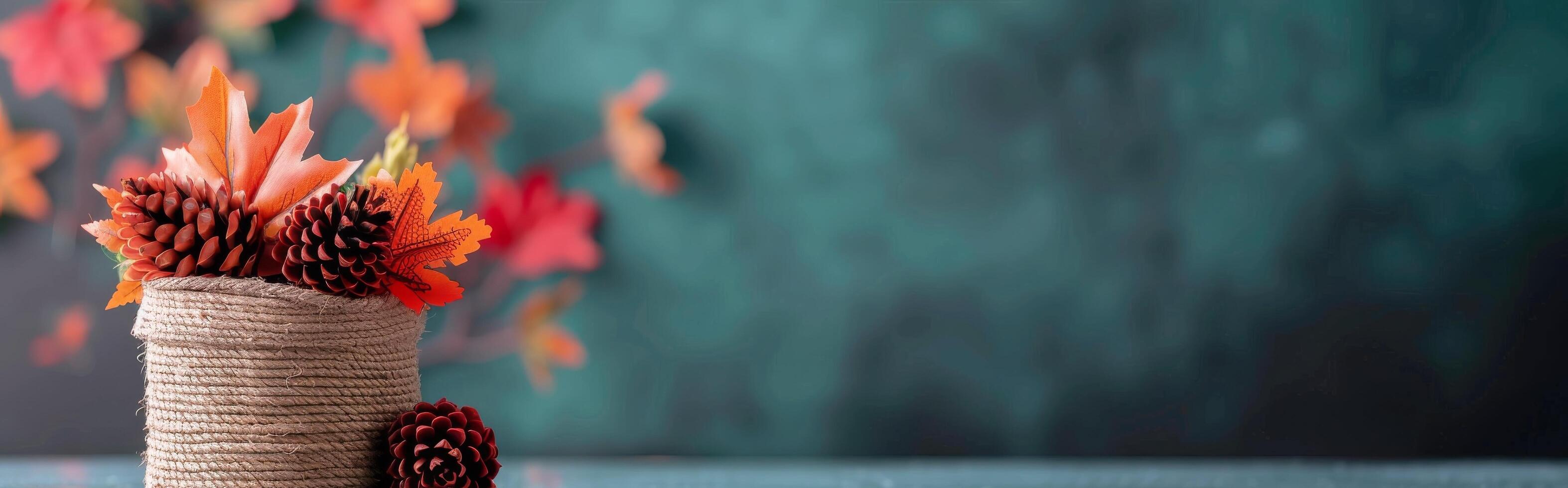 Autumn Decor Featuring Pinecones and Colorful Leaves in Rustic Container photo