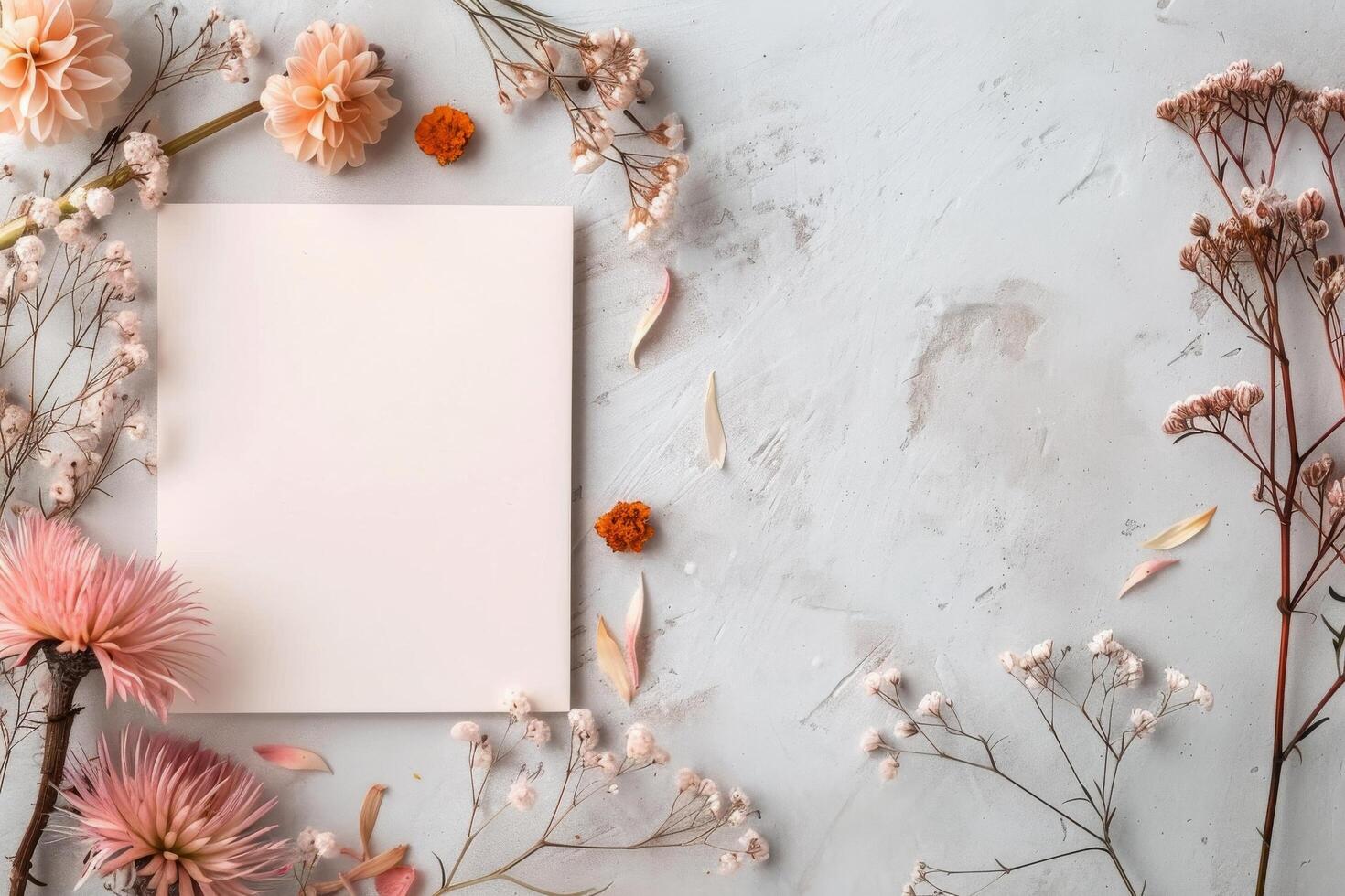Floral Arrangement With Blank Paper Surrounded By Colorful Petals photo