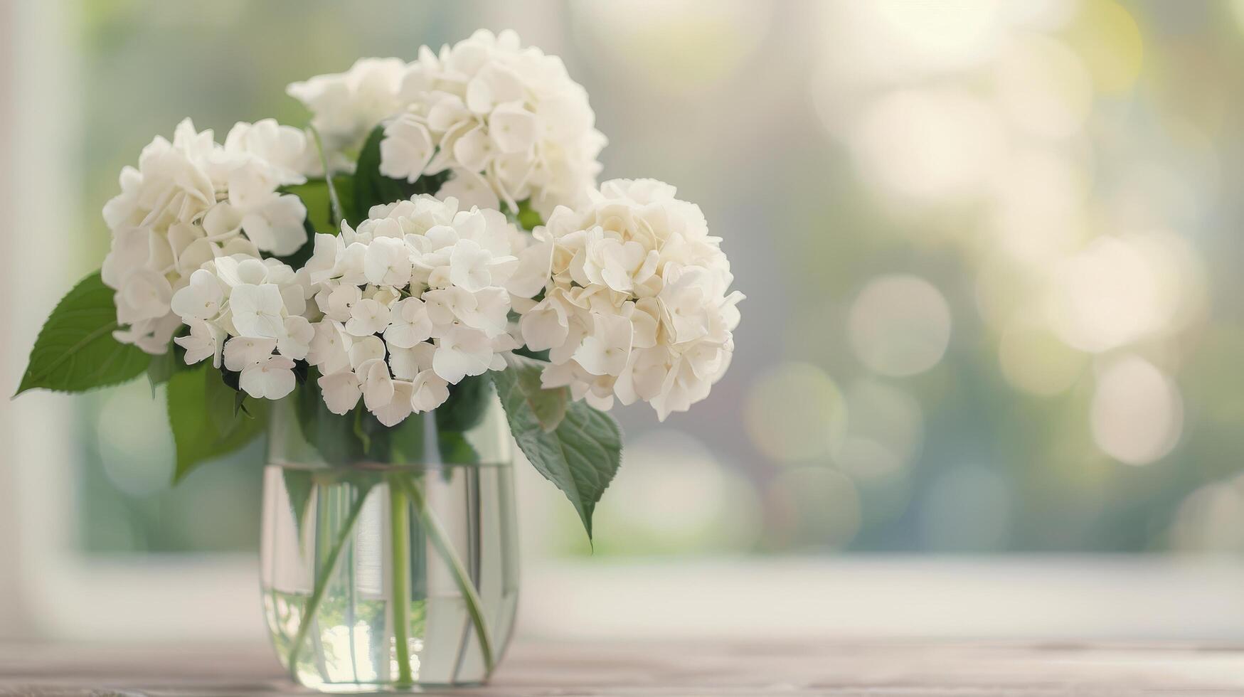 White Hydrangeas in a Clear Vase on a Soft Blue Surface With Natural Light photo
