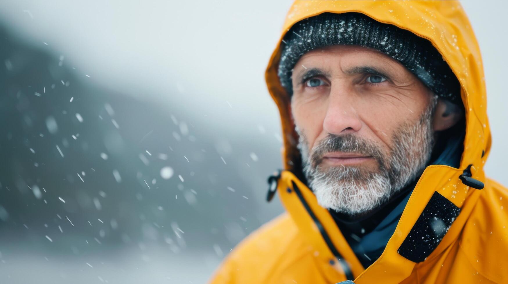 Man Wearing Yellow Jacket and Beanie in Snowy Forest During Winter photo