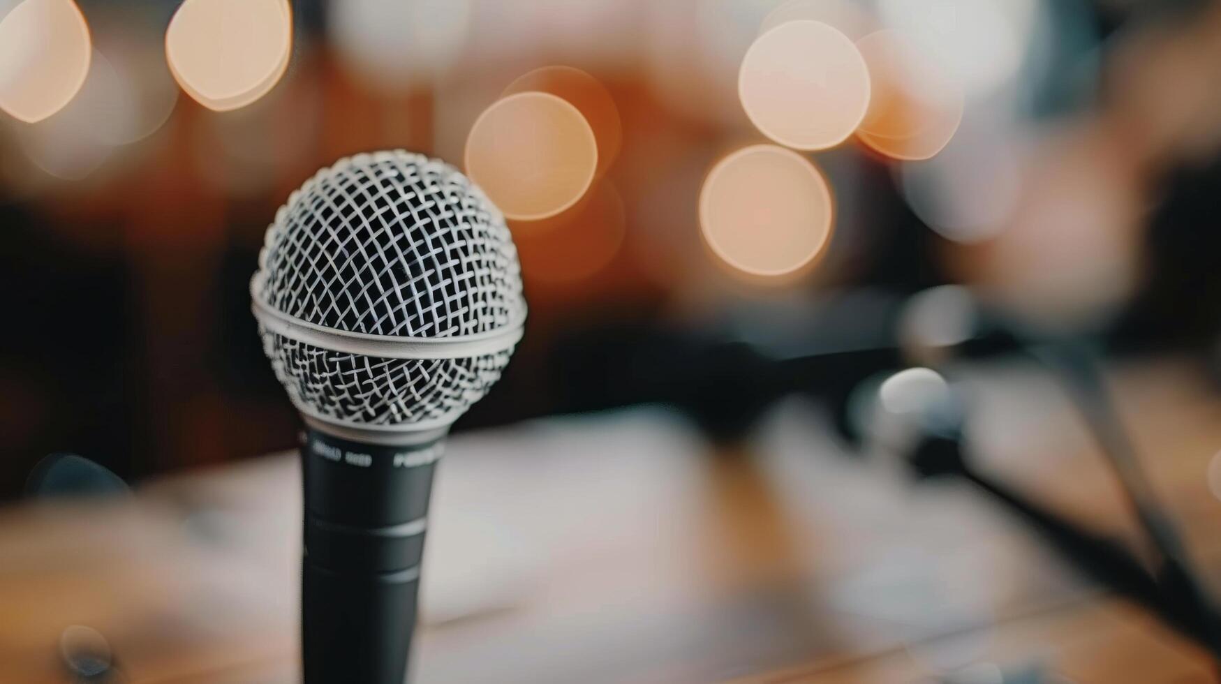 Close-Up Of A Silver Microphone On A Wooden Table With Blurred Background Lights photo