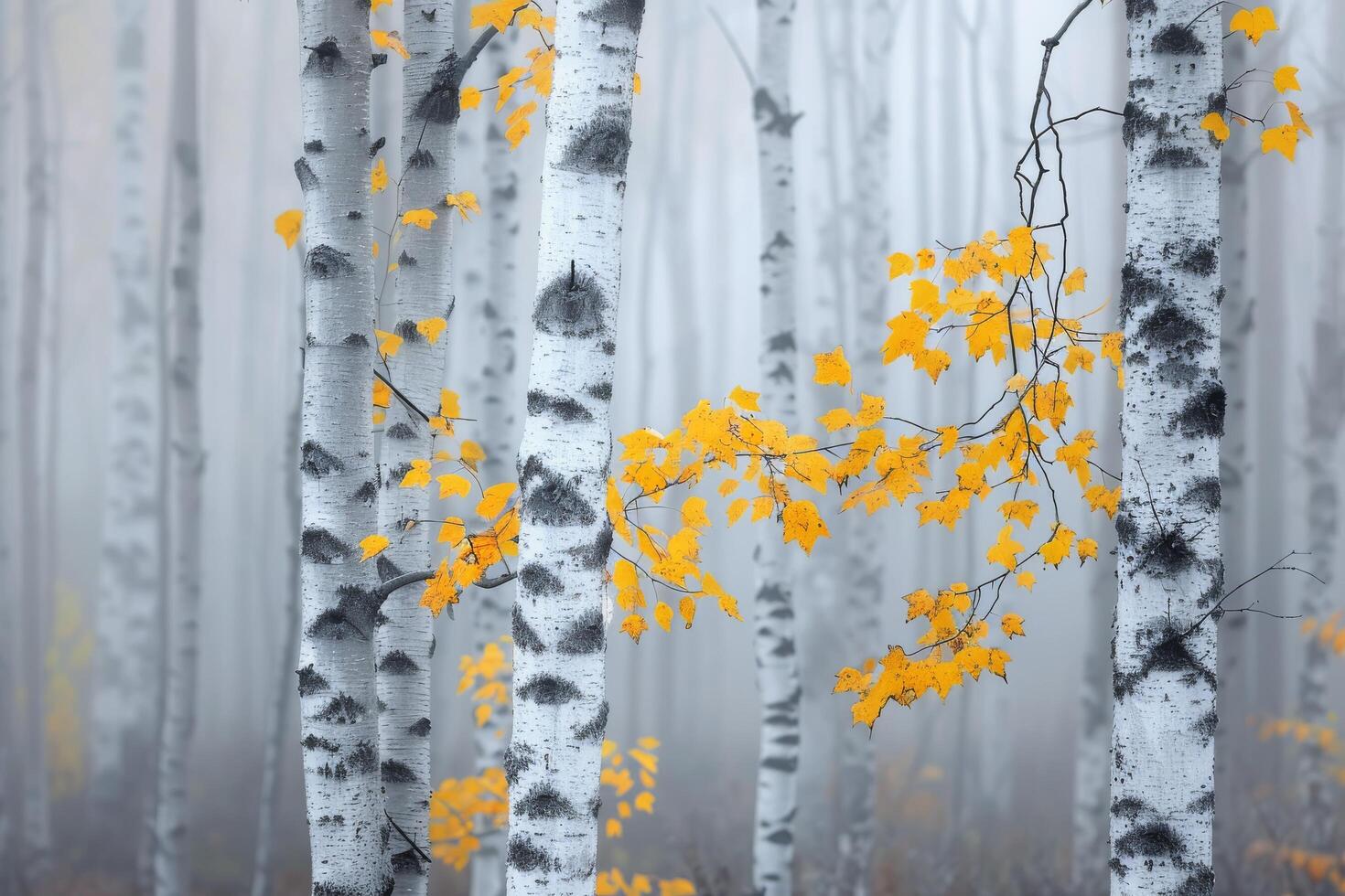 Autumn Leaves on Birch Trees in a Misty Forest photo