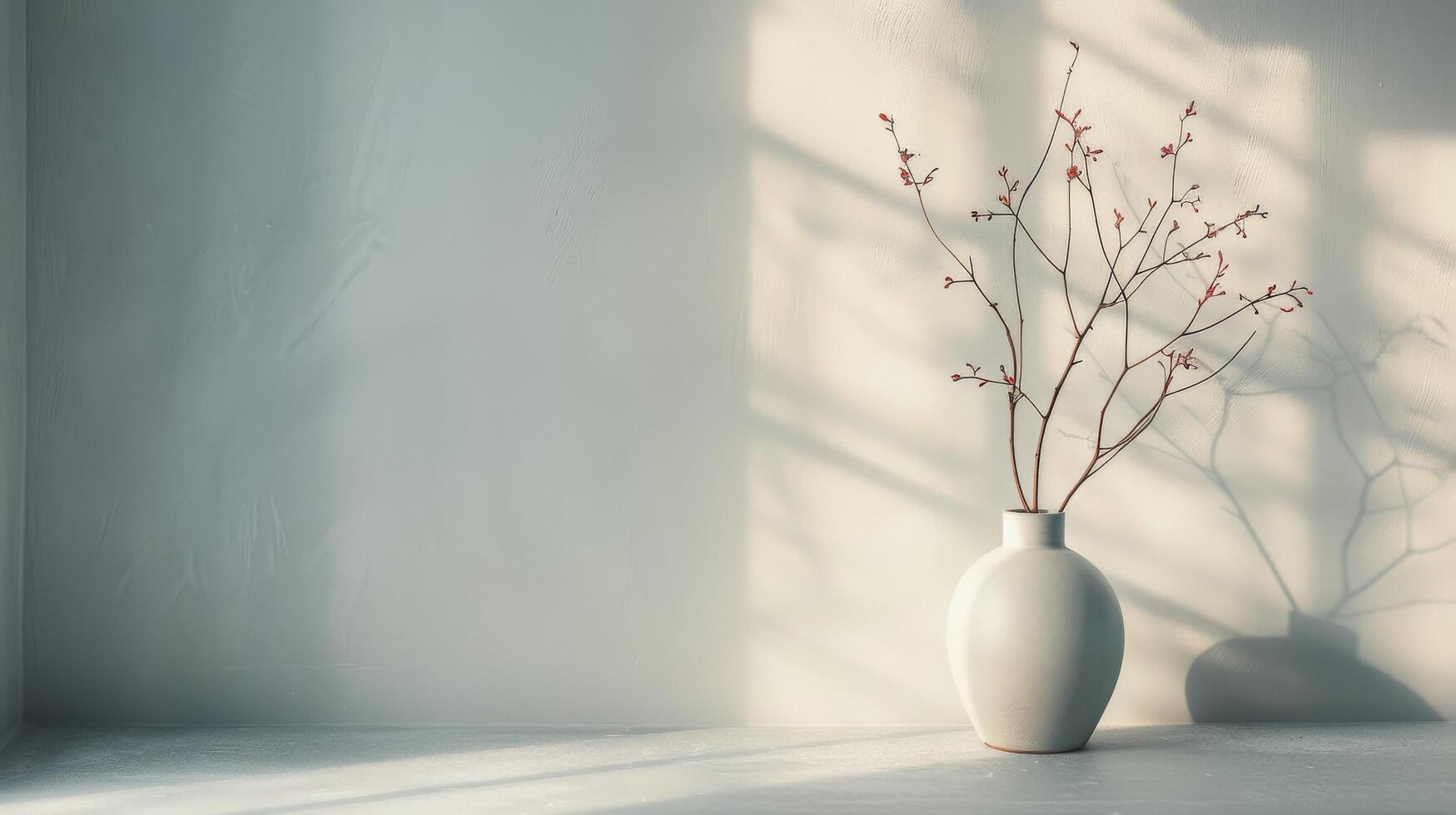 Dried Flowers in a Simple Vase Against a Warm Wall in Soft Morning Light photo