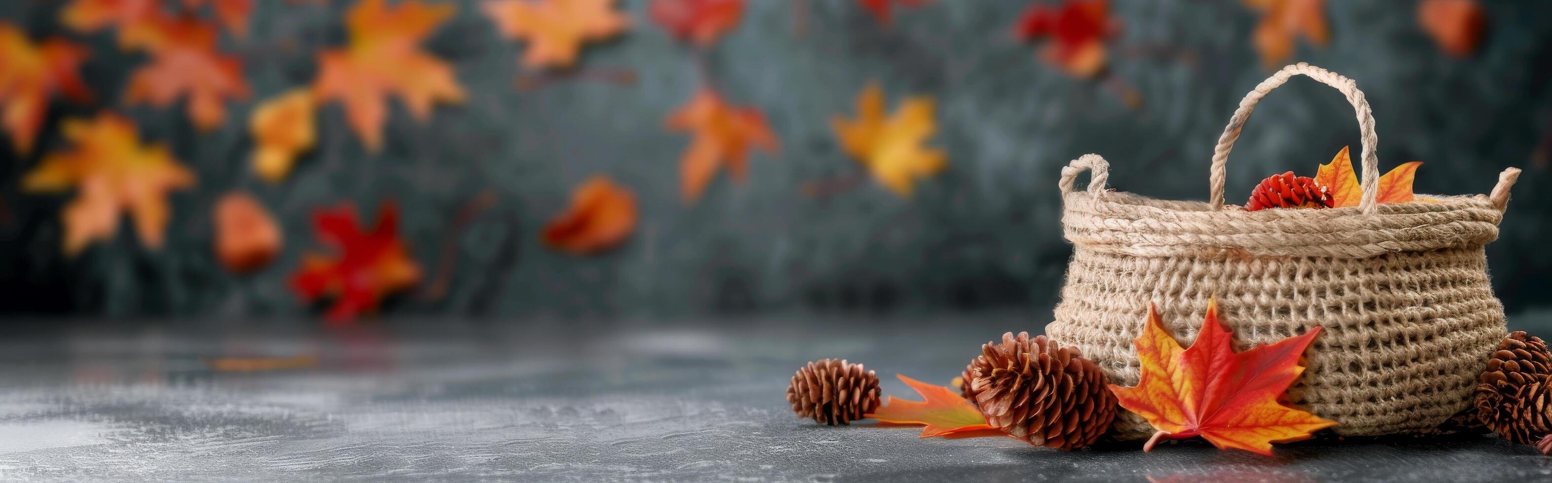Autumn Decor Featuring Pinecones and Colorful Leaves in Rustic Container photo