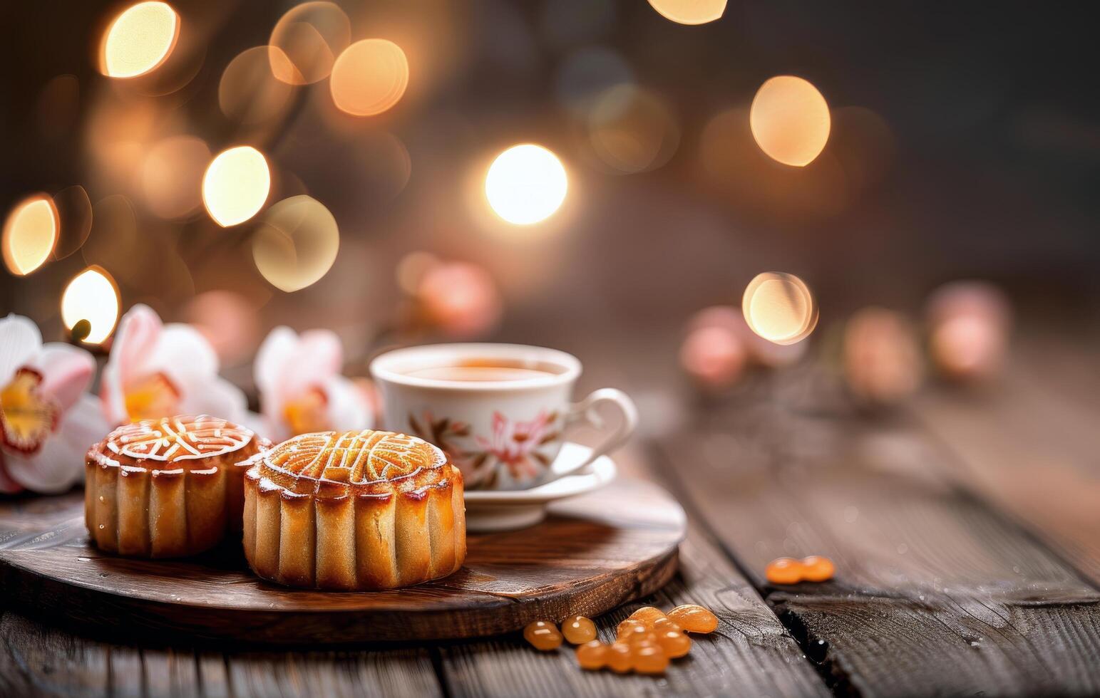 Mooncakes on a Wooden Board With Tea and Soft Lights in a Cozy Setting photo