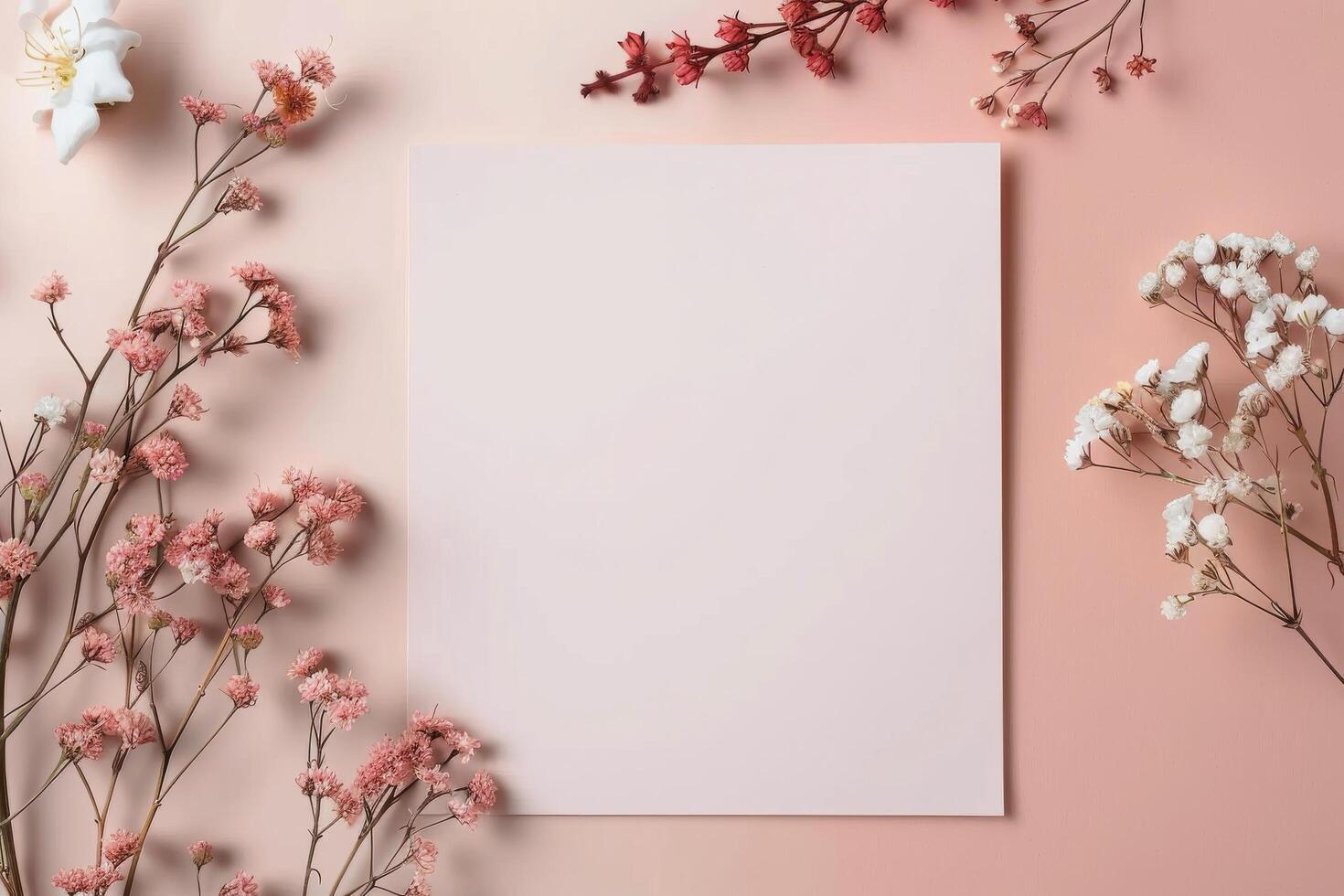 Floral Arrangement With Pink Background and Blank Canvas in Center photo