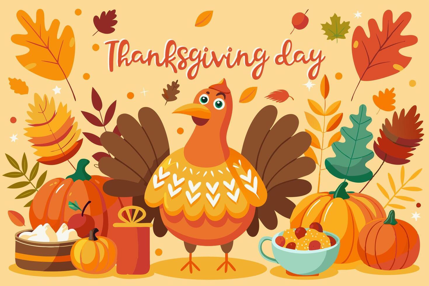 A turkey is surrounded by pumpkins and leaves on thanksgiving day vector