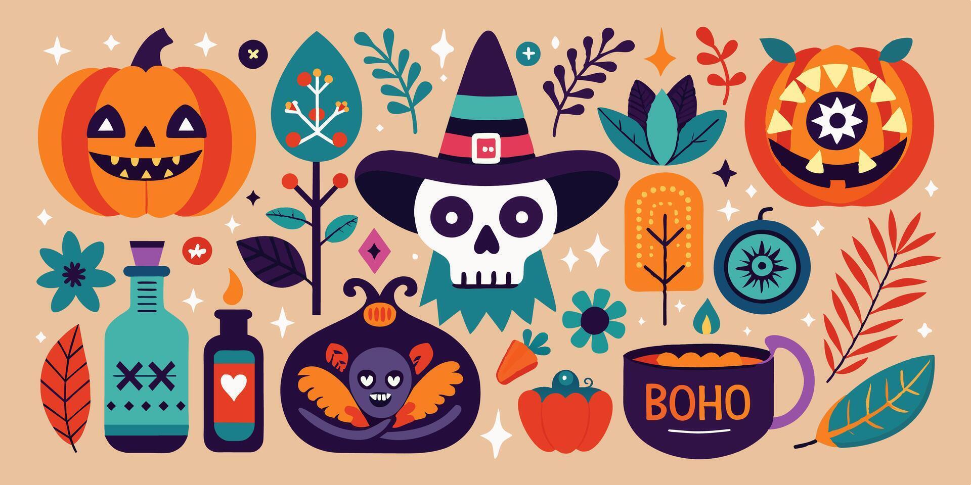 A skull wearing a witch hat is encircled by Halloweenthemed symbols and icons vector