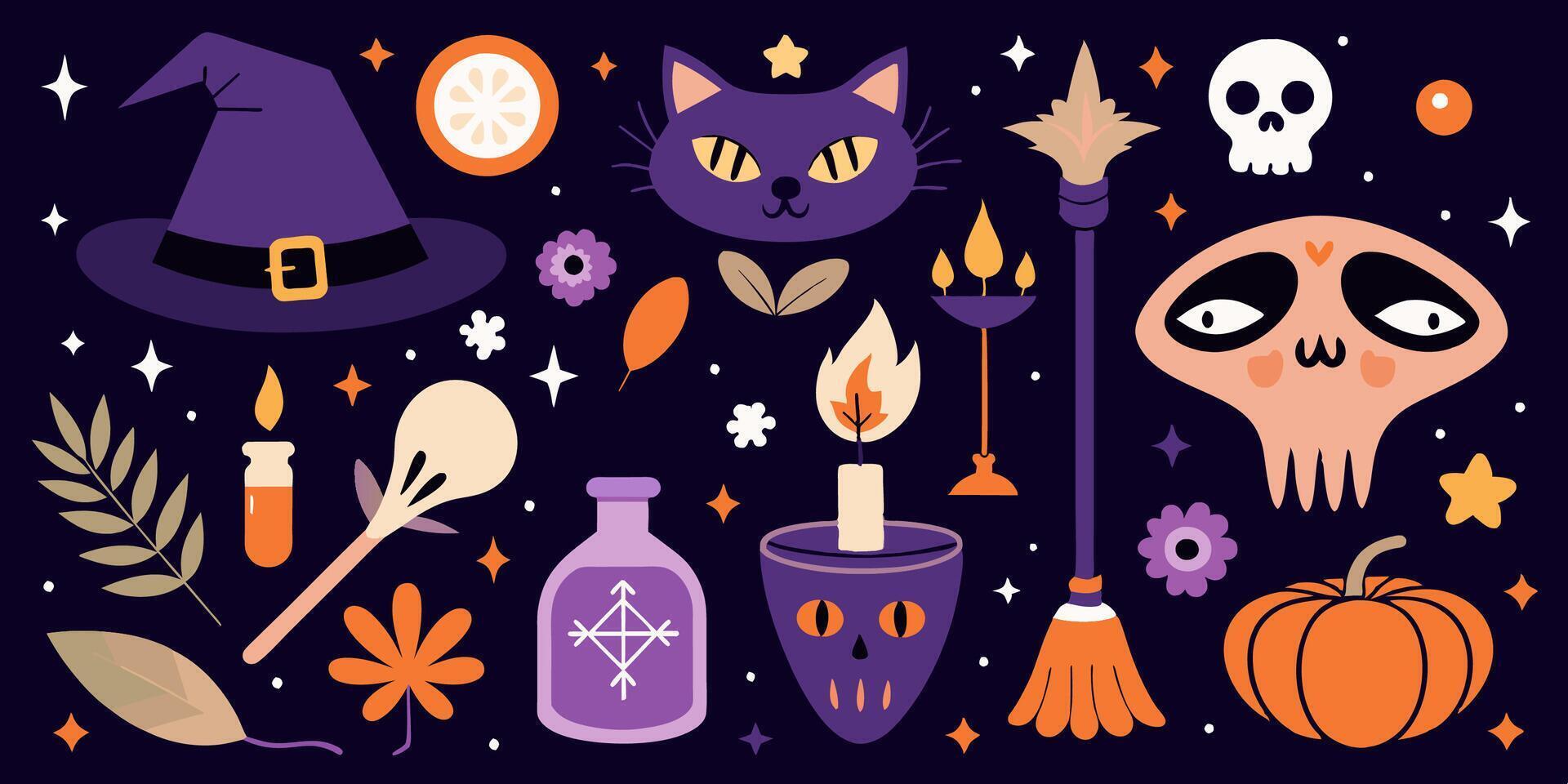A set of halloween icons displayed on a dark background vector
