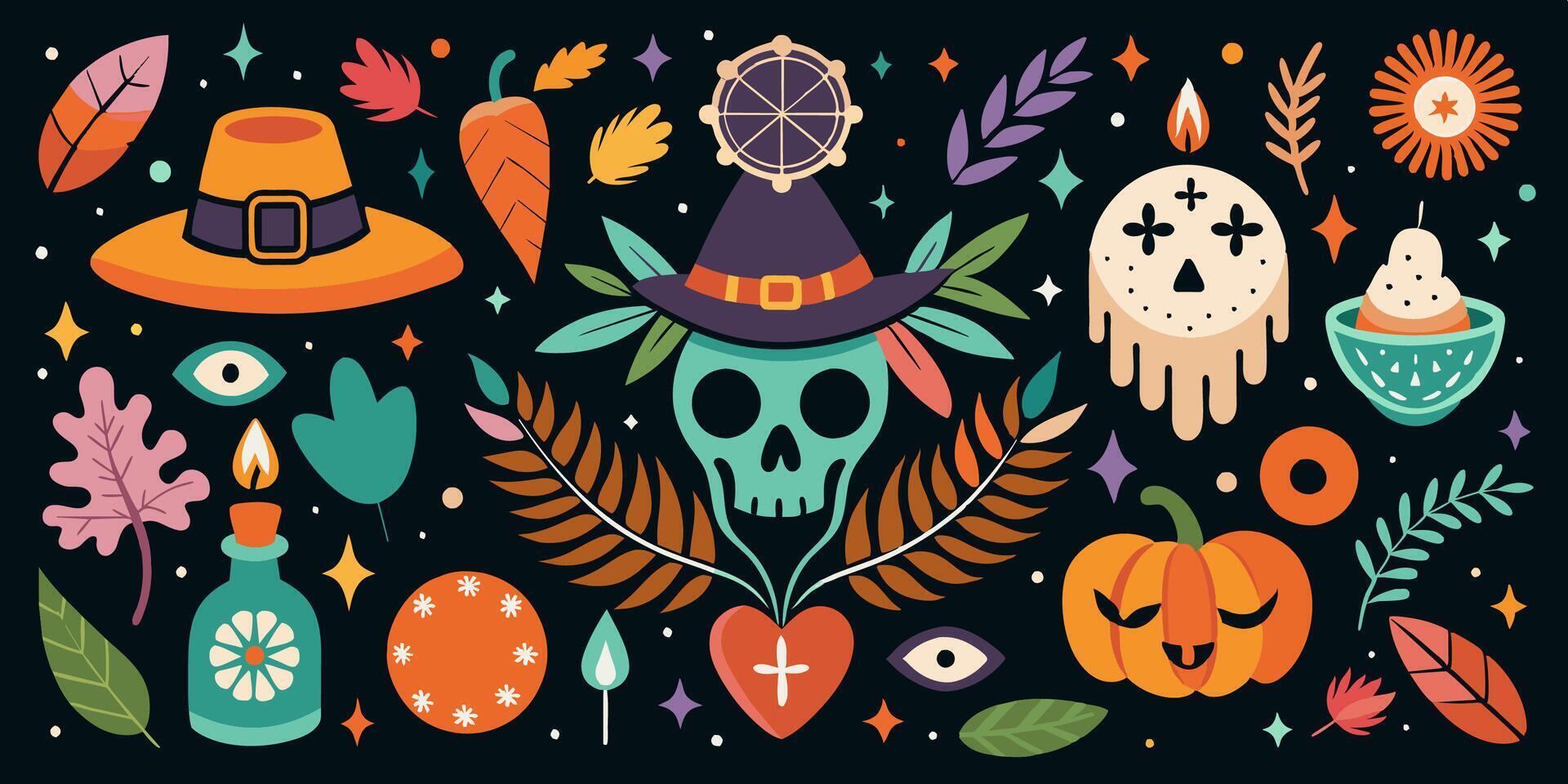 A collection of Halloween icons displayed against a dark backdrop vector