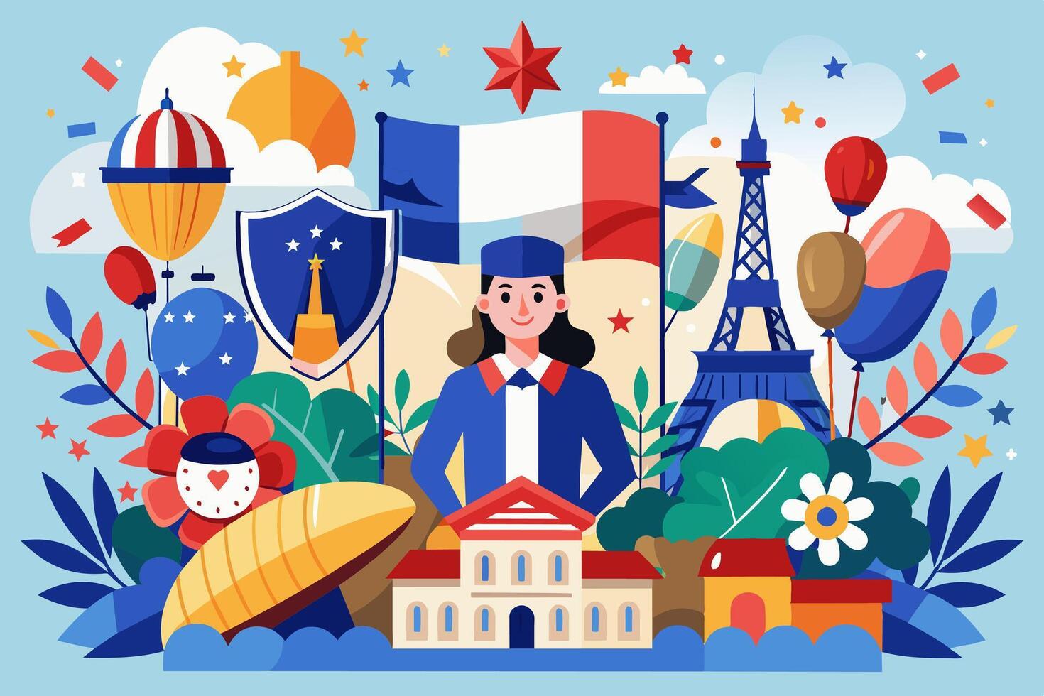 Woman standing with French flag, balloons, and buildings vector