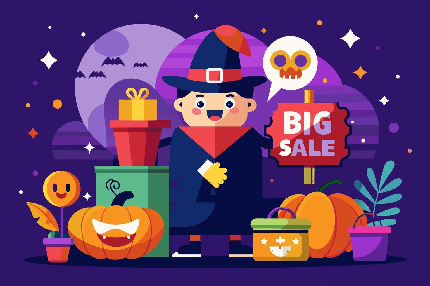 A witch holding a sign for a big sale, with pumpkins and gifts vector