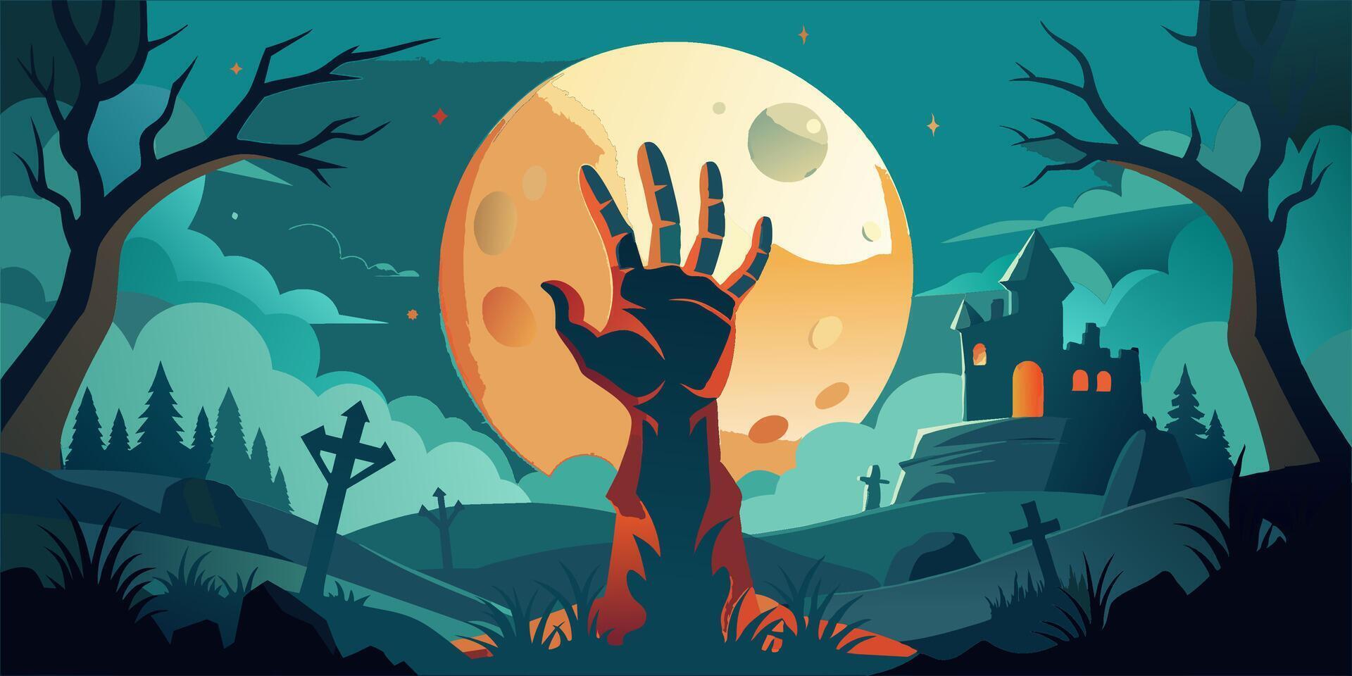 A zombie hand emerges from the ground in front of a full moon vector