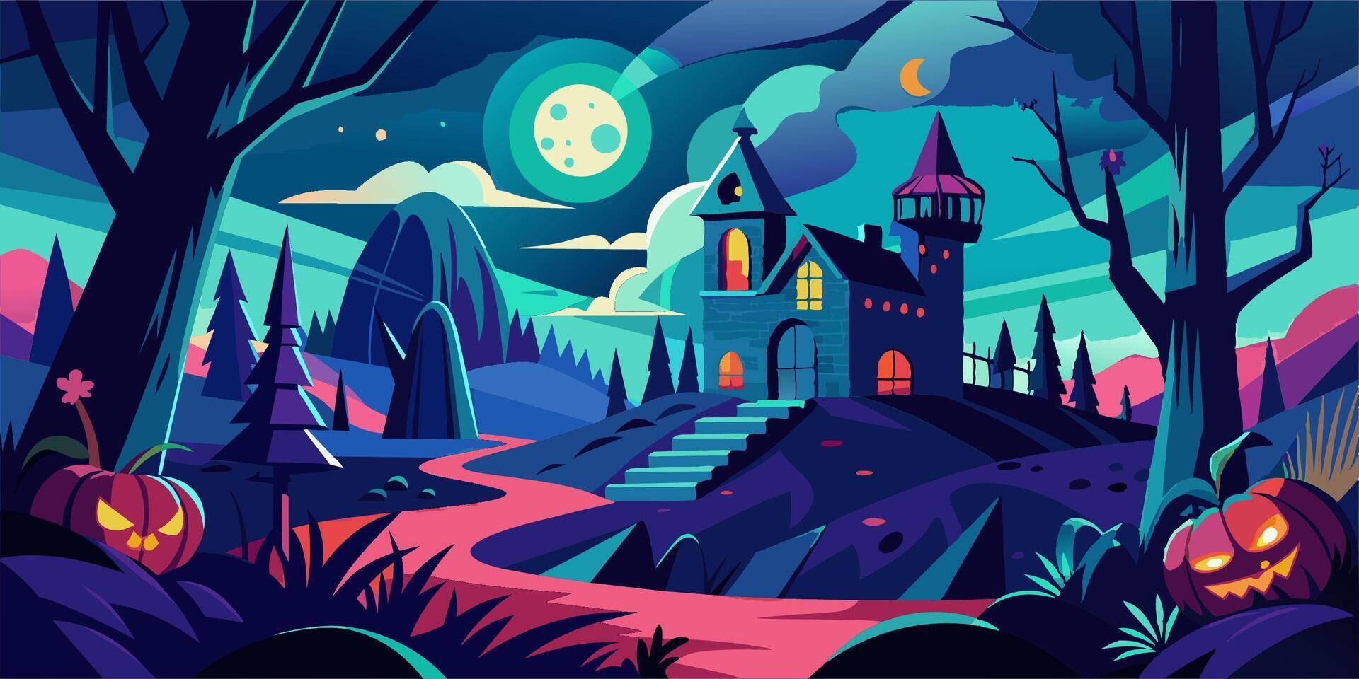 A cartoon haunted house is situated in a dark forest during the night vector