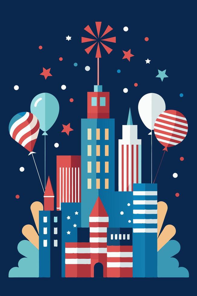 This illustration depicts a vibrant city with balloons and fireworks vector