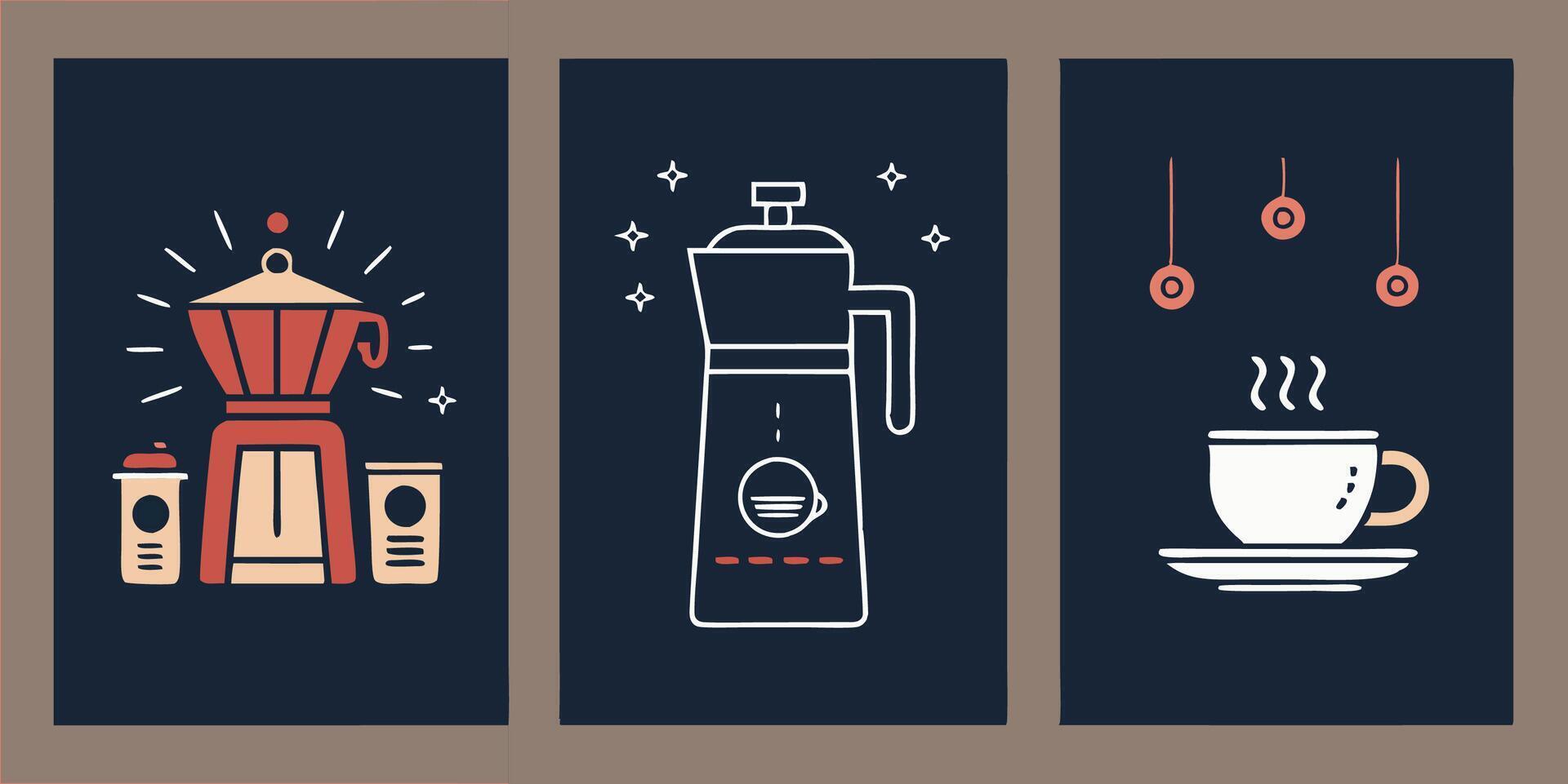There are three posters featuring coffeerelated icons included in this set vector