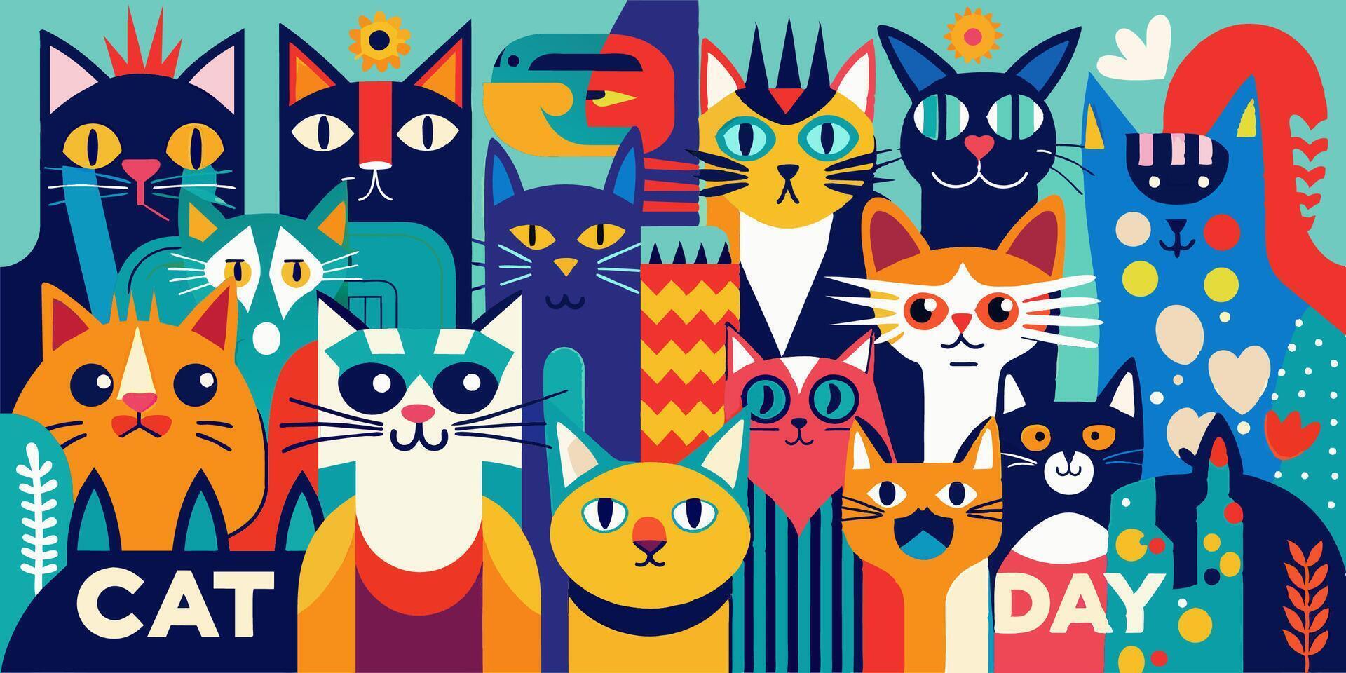 Several domestic cats are grouped on a blue backdrop vector