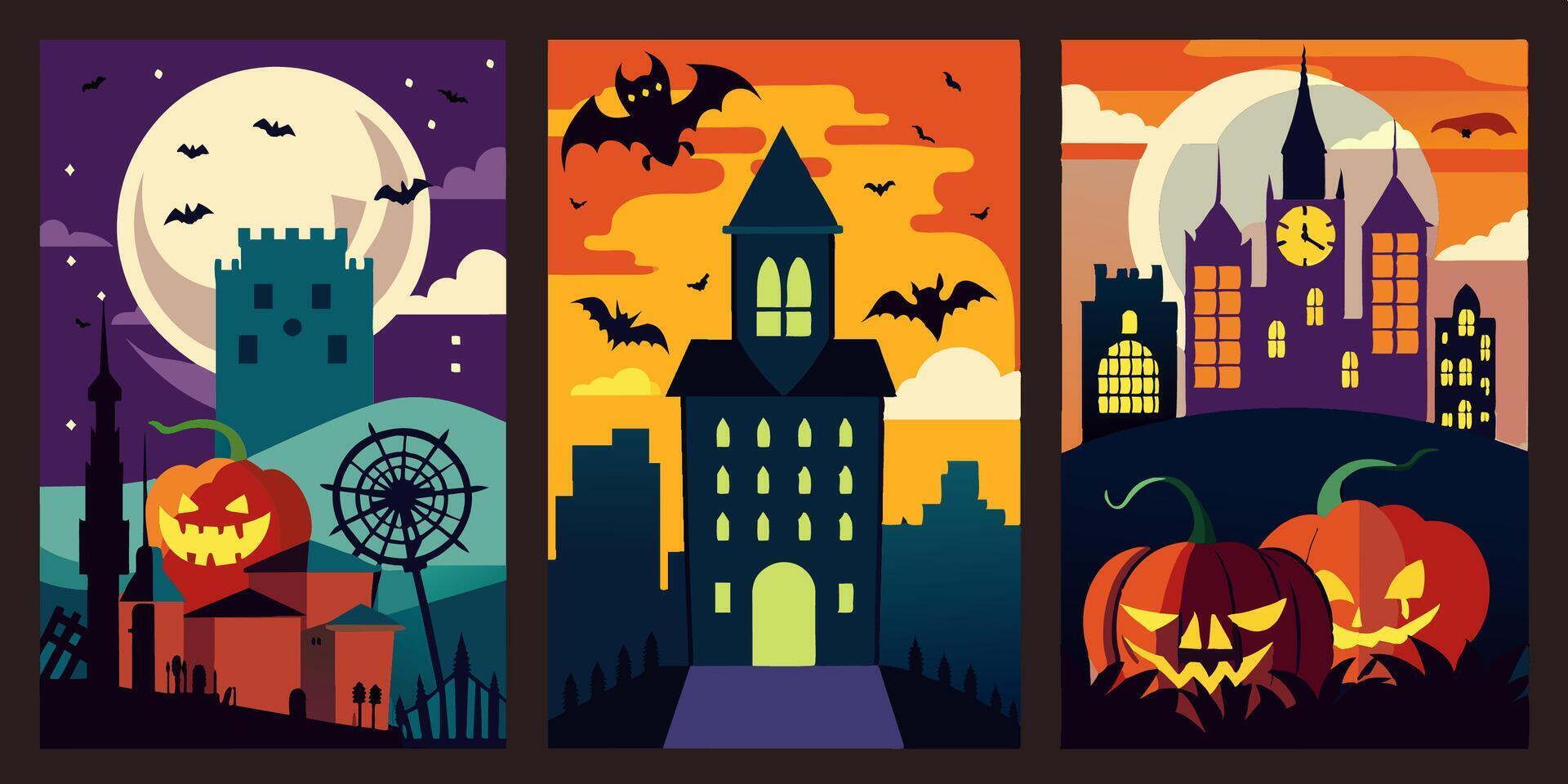 3 Halloween posters with pumpkins, castles, and bats vector