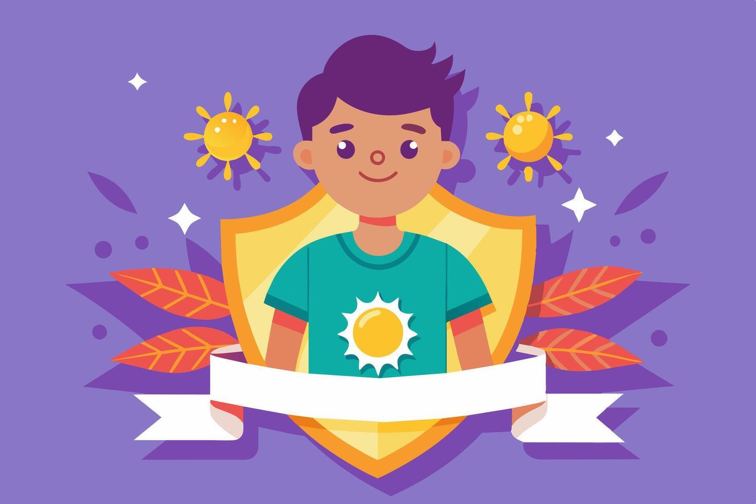 Boy with shield and sun shirt Gesture, Happy, Sleeve, Art, Fictional character vector
